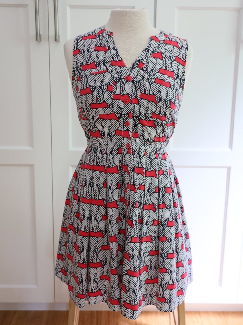 Crown & Ivy Elephant Print Pink Navy Abstract Polka Dot Dress Lined Button up